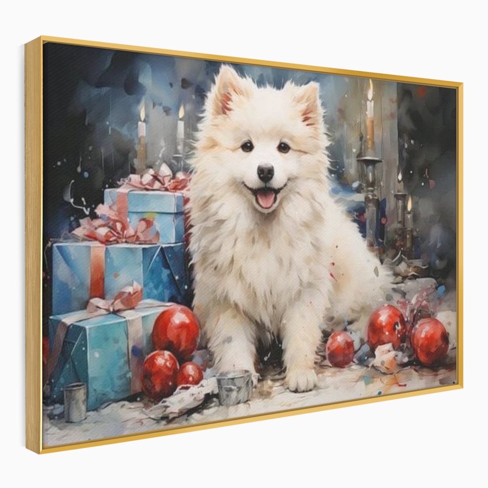 Tablou canvas cu tablou canvas cu catel samoyed, in rama de aluminiu auriu